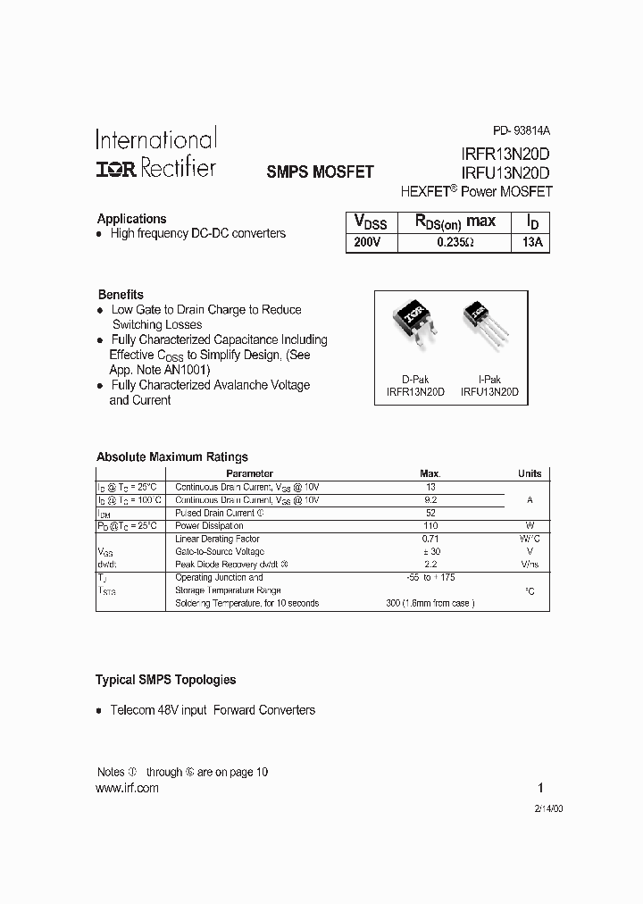 IRFR13N20D_348965.PDF Datasheet
