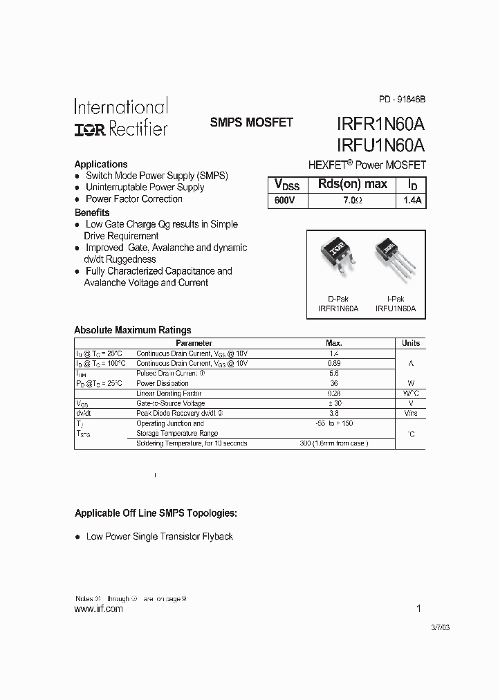 IRFU1N60A_361949.PDF Datasheet