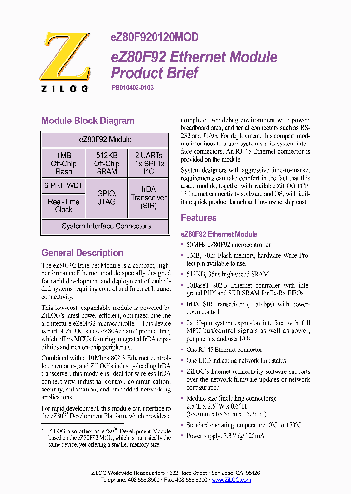 EZ80F920120ZCO_540229.PDF Datasheet