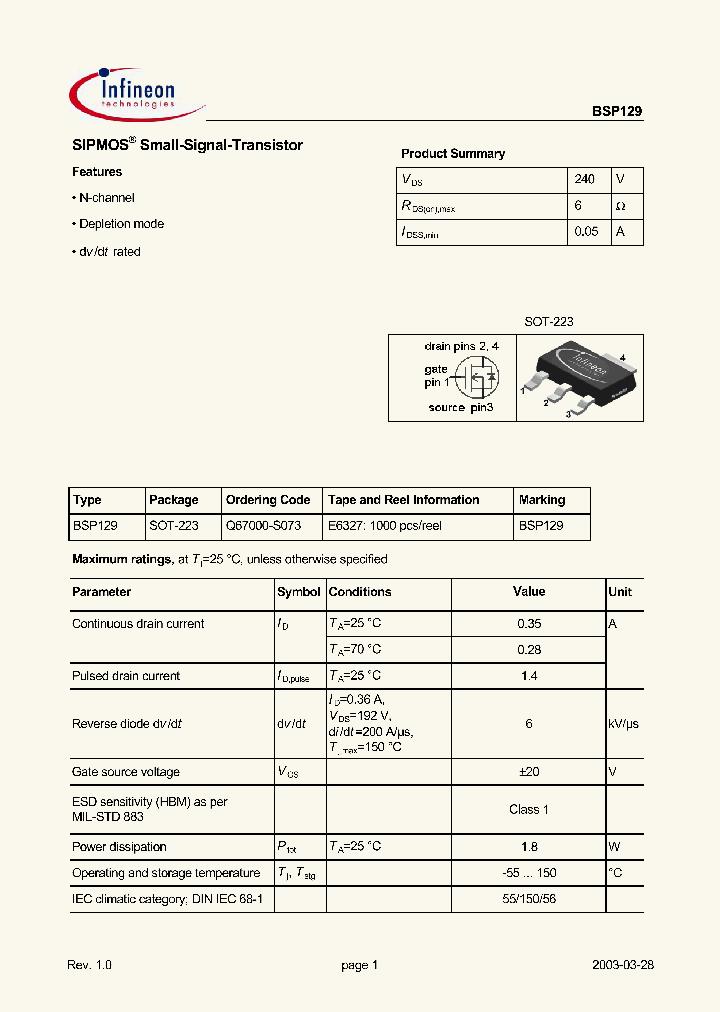 BSP129_1220695.PDF Datasheet