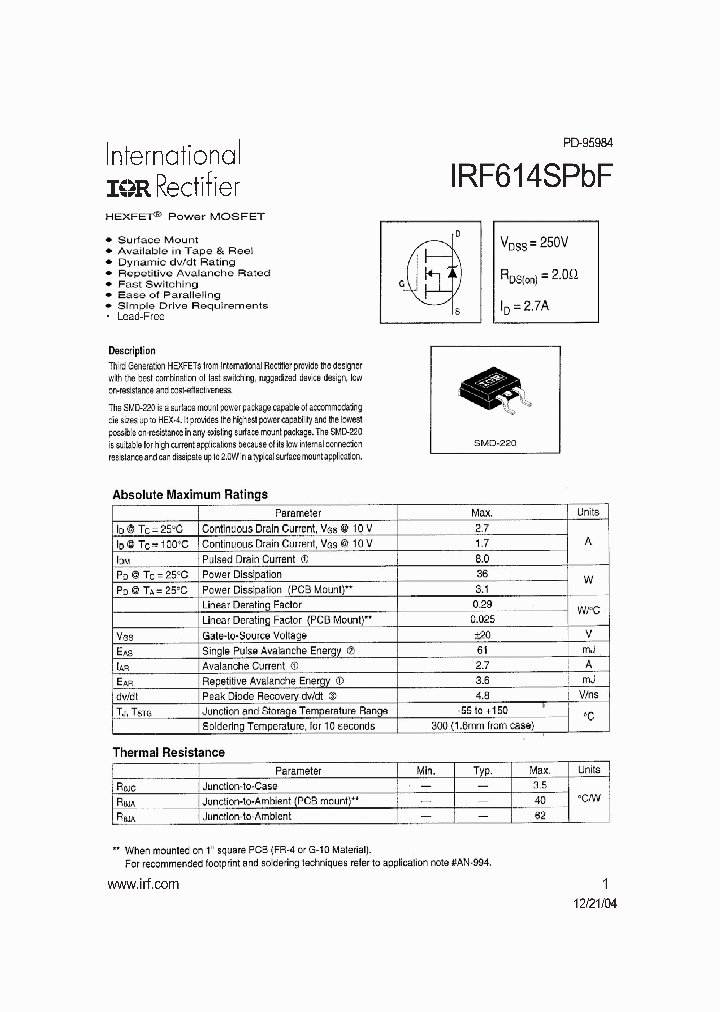 IRF614SPBF_1255460.PDF Datasheet