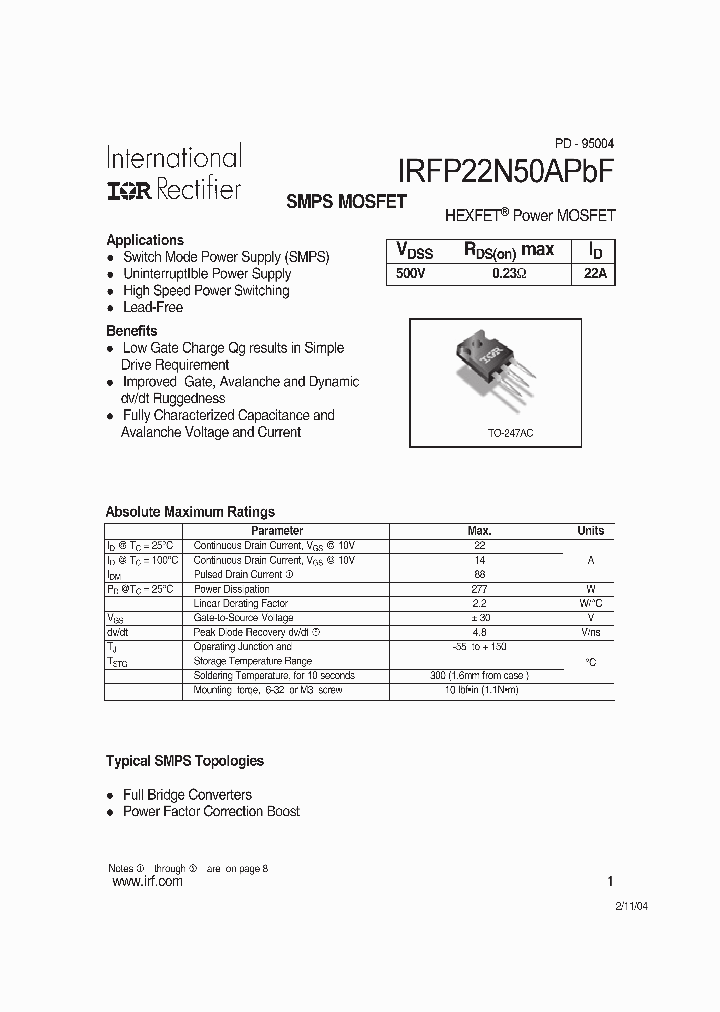 IRFP22N50APBF_1149716.PDF Datasheet