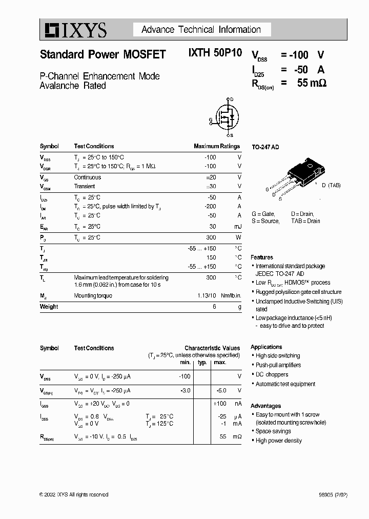 IXTH50P10_1258256.PDF Datasheet