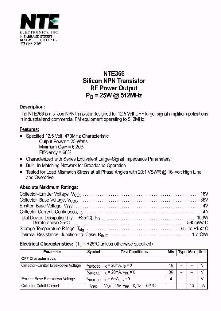 NTE366_1290875.PDF Datasheet