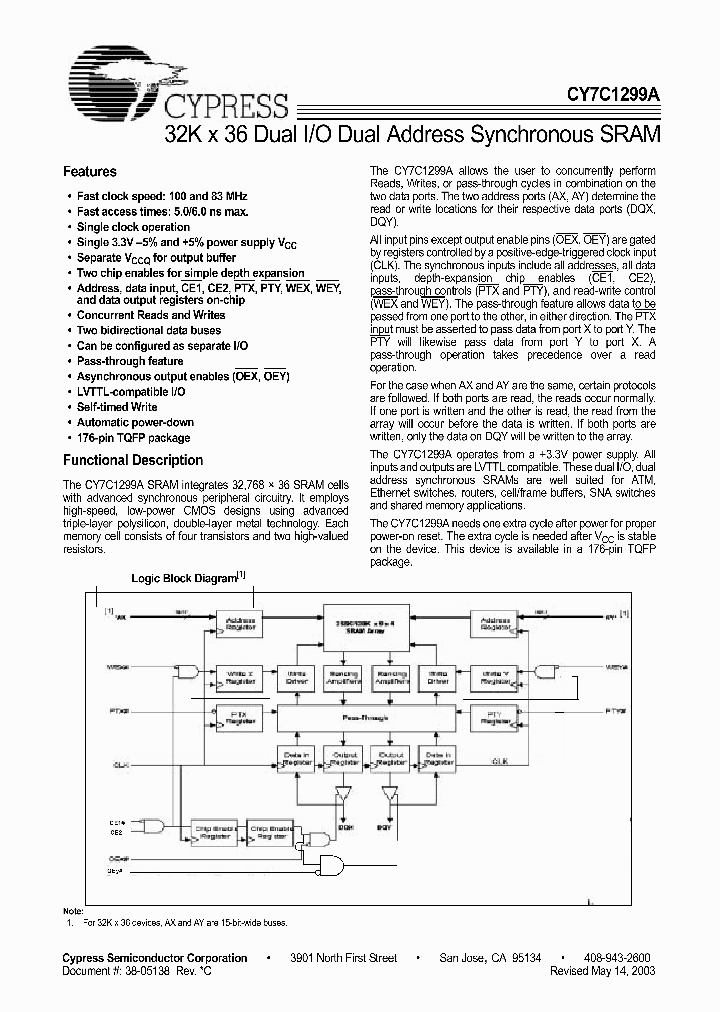 CY7C1299A-100AC_4161100.PDF Datasheet