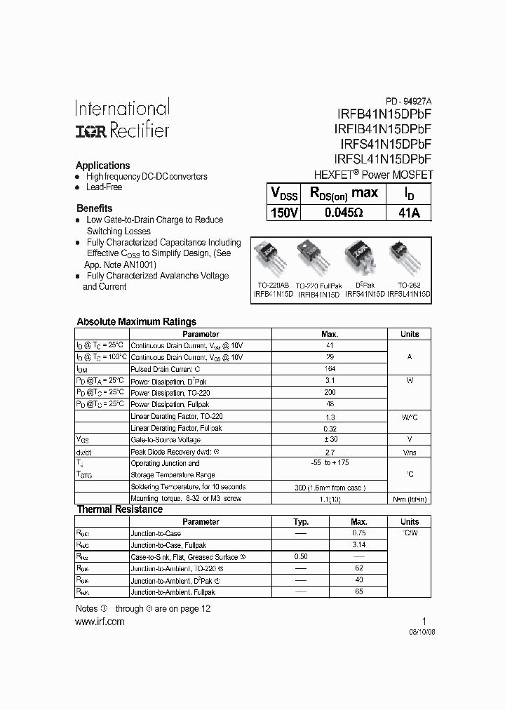 IRFSL41N15DPBF_4169115.PDF Datasheet