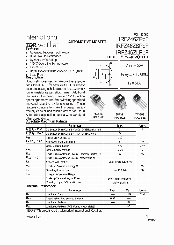 IRFZ46ZLPBF_4238334.PDF Datasheet