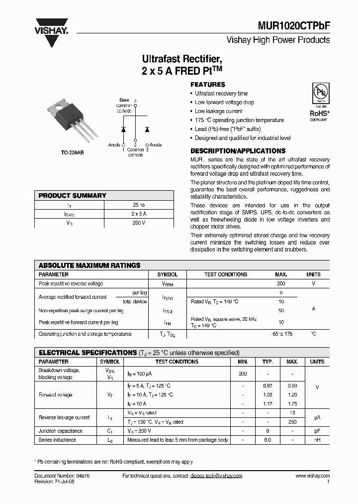 MUR1020CTPBF_4262665.PDF Datasheet