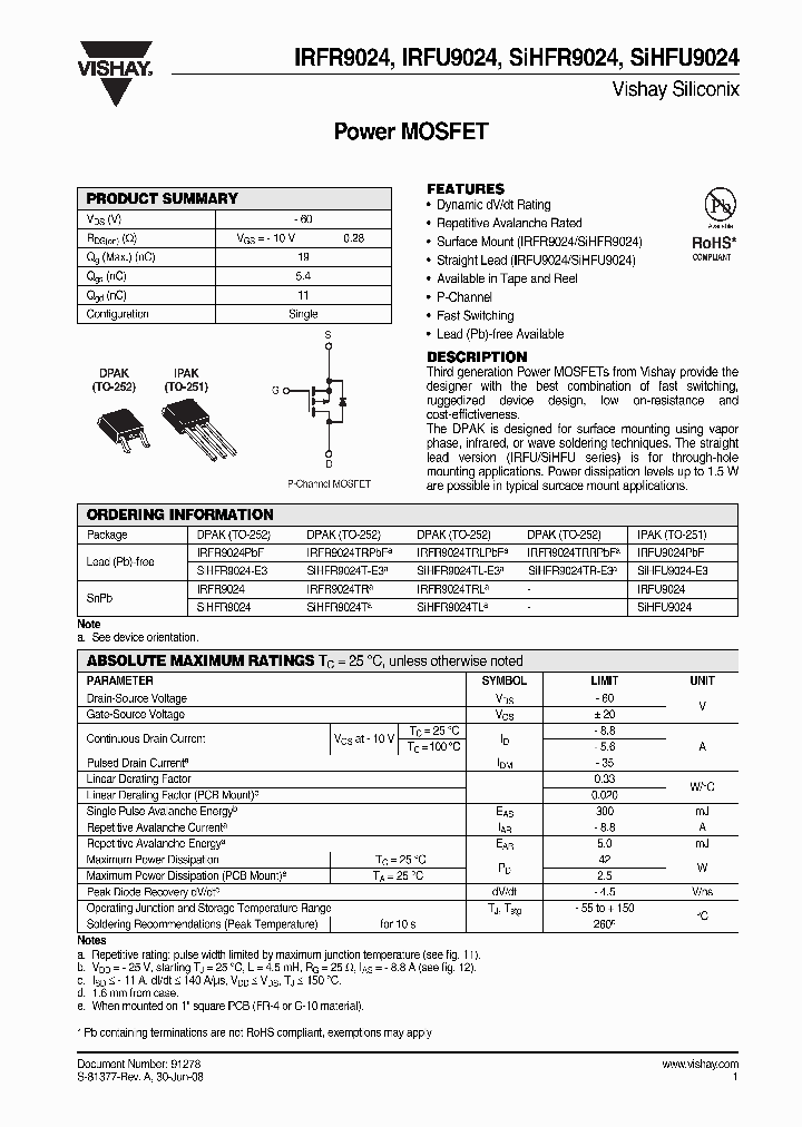 SIHFR9024-E3_4252440.PDF Datasheet