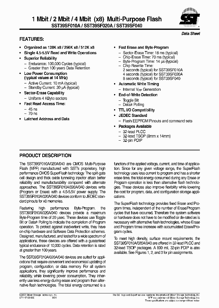 SST39SF020A-45-4I-WHE_602504.PDF Datasheet