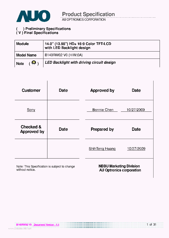 B140RW02-V0_1759784.PDF Datasheet
