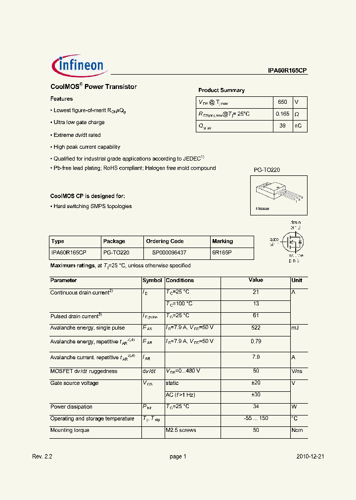 IPA60R165CP10_3128769.PDF Datasheet