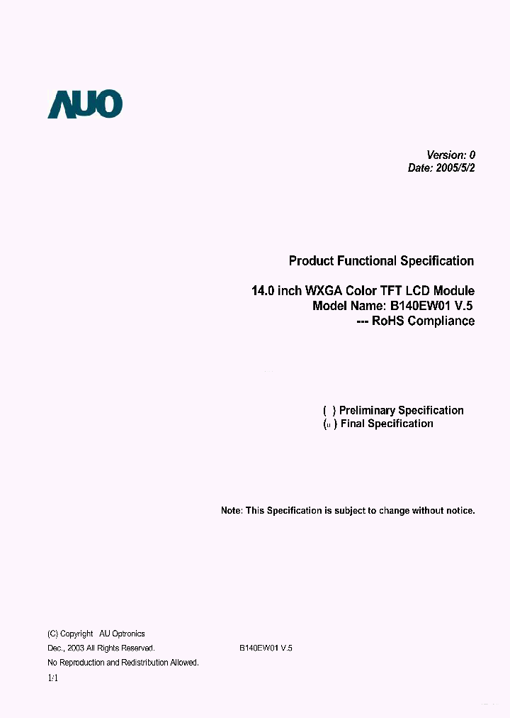 B140EW01-V5_3665686.PDF Datasheet