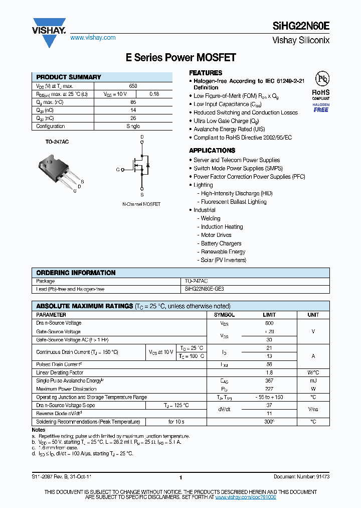 SIHG22N60E-GE3_4080780.PDF Datasheet