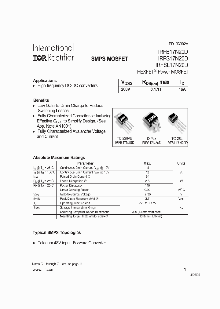 IRFB17N20D_4367595.PDF Datasheet