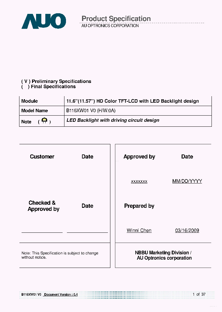 B116XW01-V0_4503686.PDF Datasheet