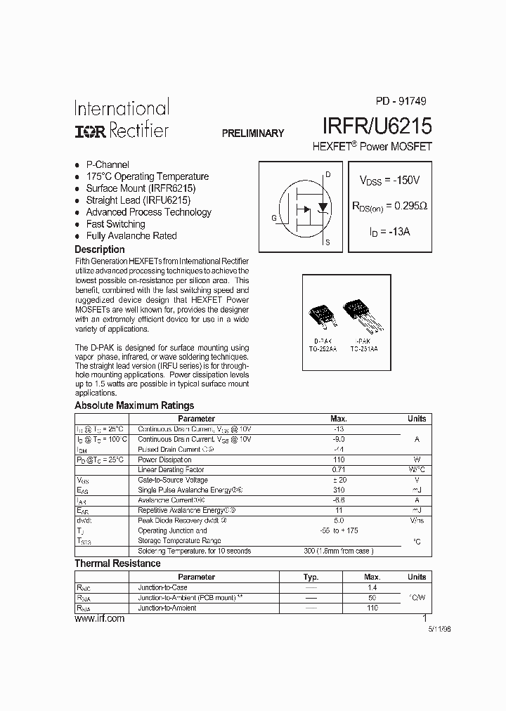 IRFR6215TRL_5034160.PDF Datasheet