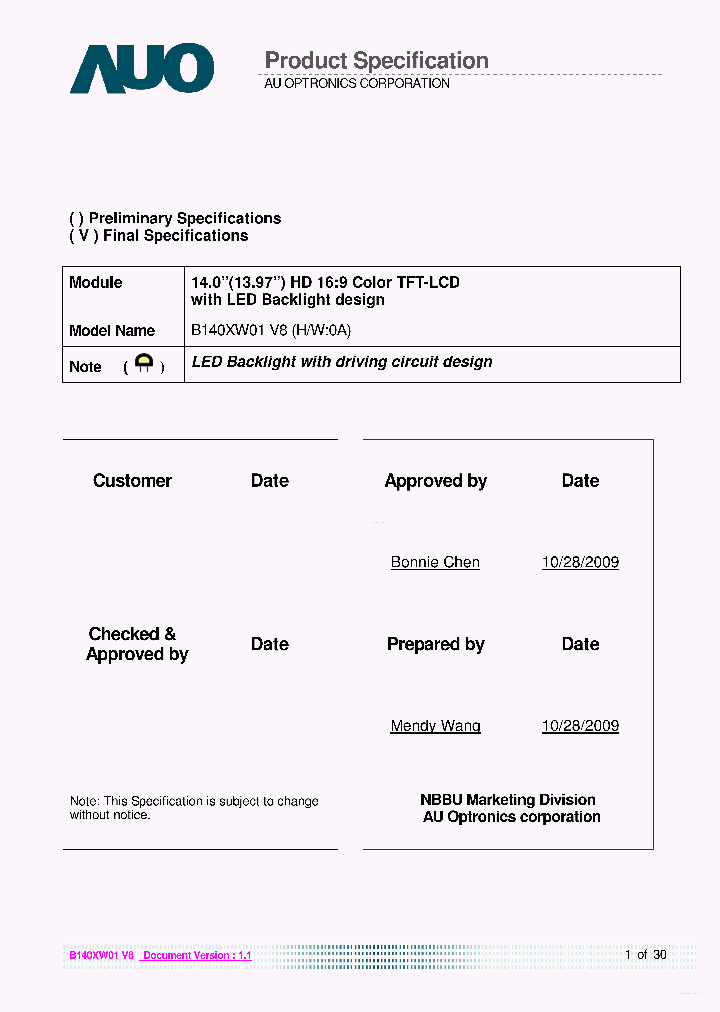 B140XW01-V8_5825770.PDF Datasheet