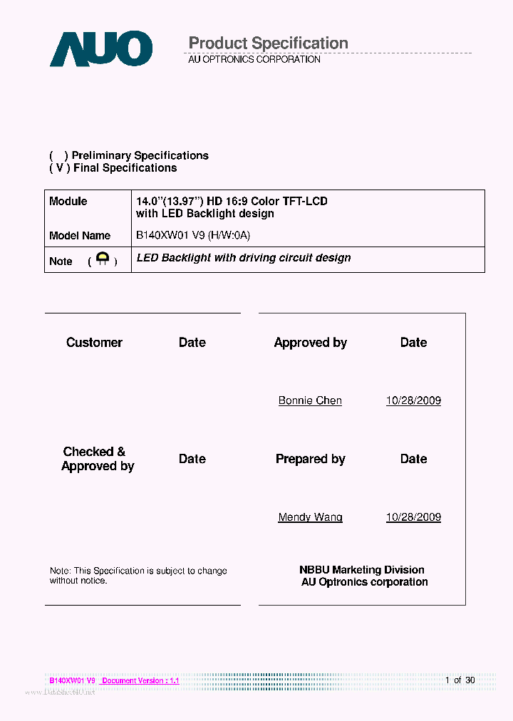 B140XW01-V9_5825771.PDF Datasheet