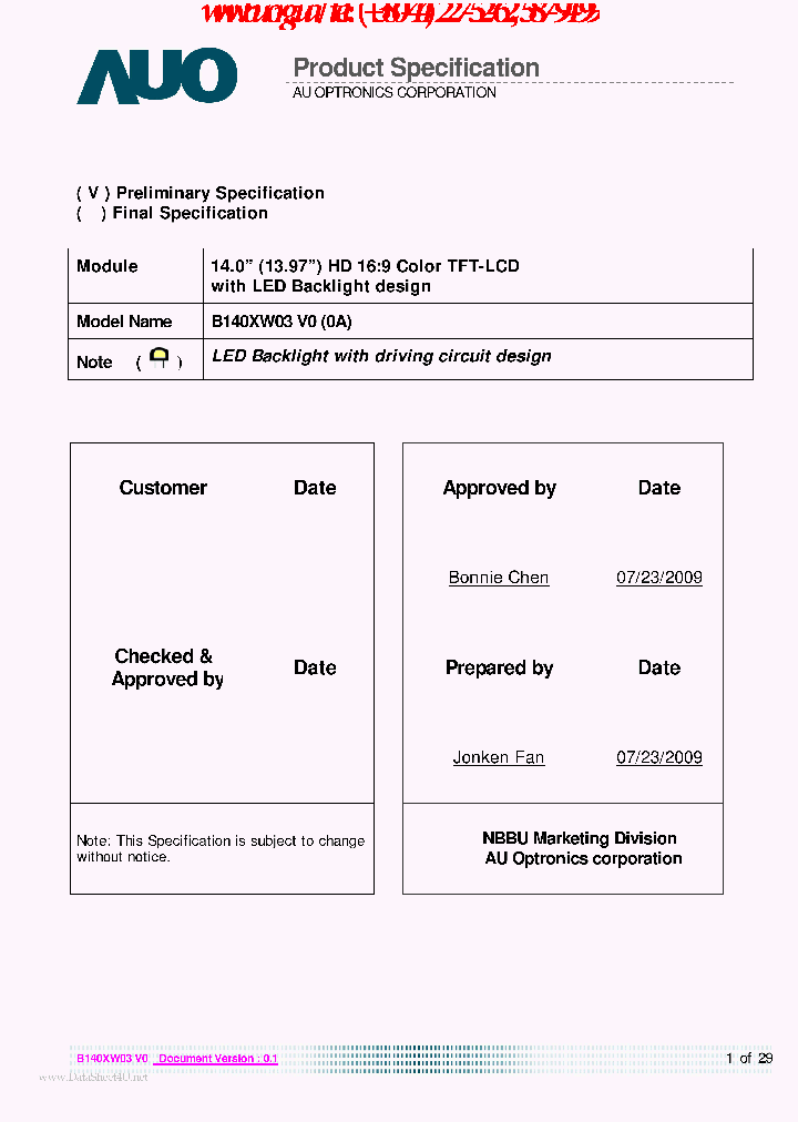 B140XW03-V0_5825775.PDF Datasheet