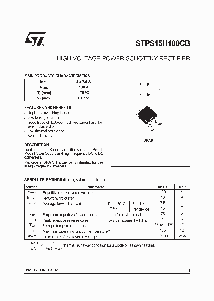 STPS15H100CB_5888290.PDF Datasheet