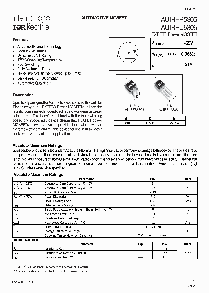 AUIRFR5305_7447294.PDF Datasheet