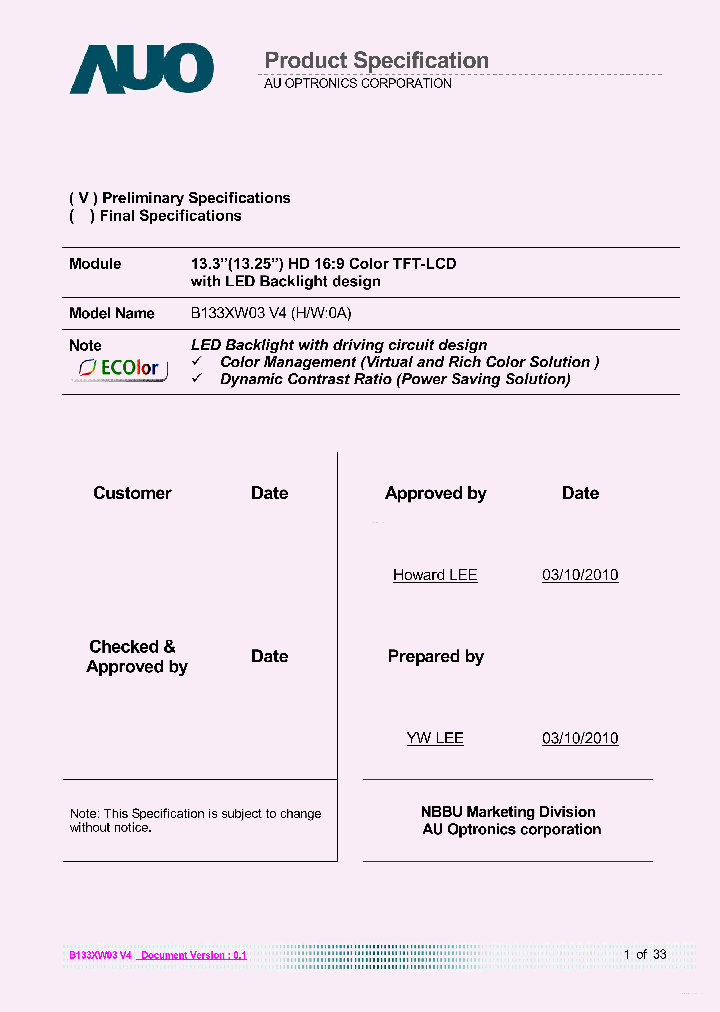 B133XW03-V4_7762533.PDF Datasheet