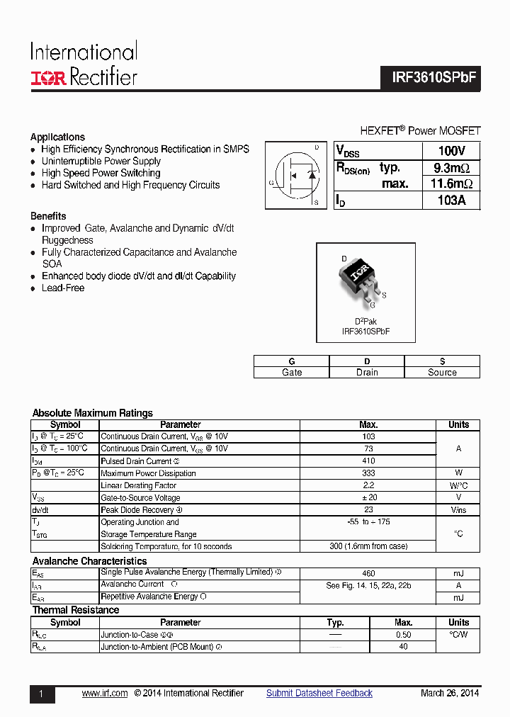 IRF3610STRLPBF_8232338.PDF Datasheet