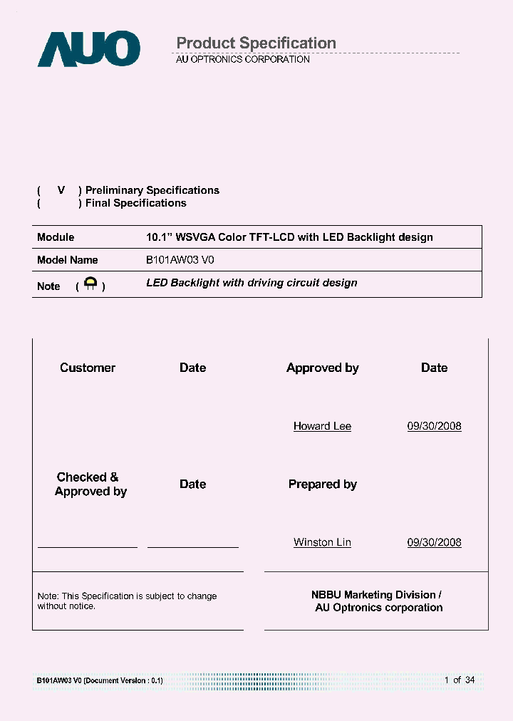 B101AW03-V0_7871417.PDF Datasheet