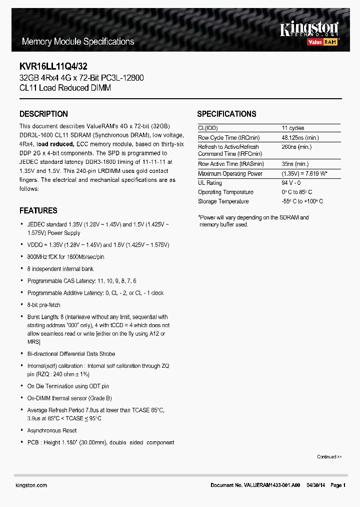 KVR16LL11Q4-32_8843770.PDF Datasheet